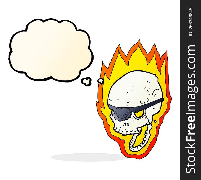 cartoon flaming pirate skull with thought bubble