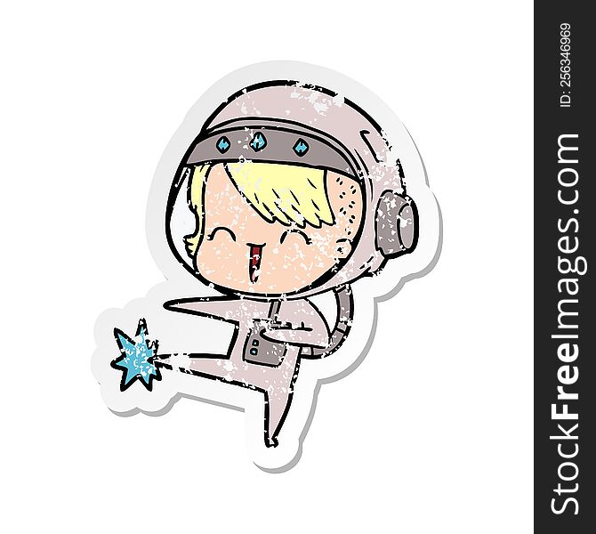 distressed sticker of a happy cartoon space girl kicking