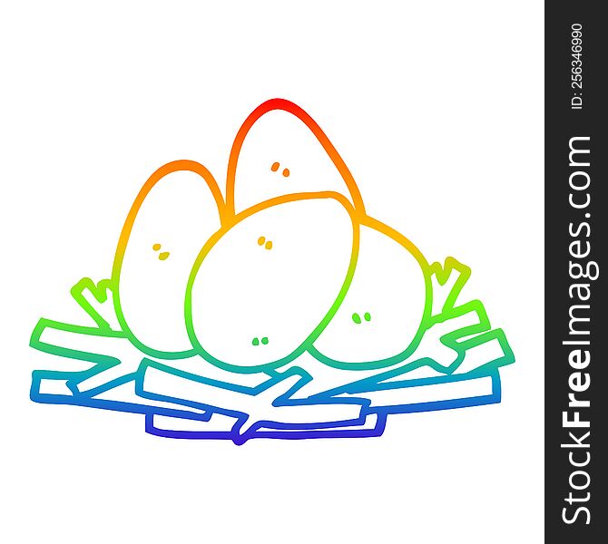 rainbow gradient line drawing of a cartoon eggs in nest