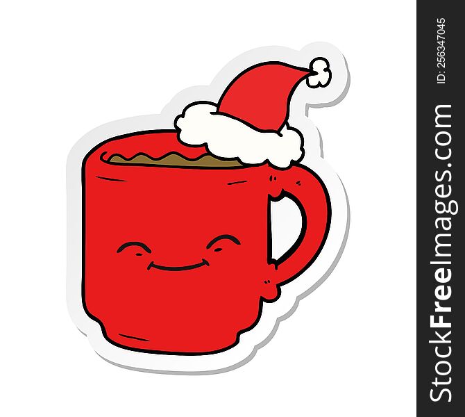 hand drawn sticker cartoon of a coffee mug wearing santa hat