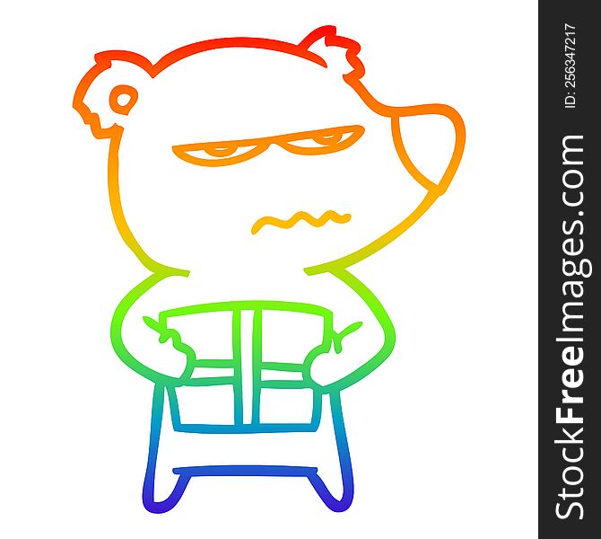 Rainbow Gradient Line Drawing Angry Bear Cartoon Holding Present