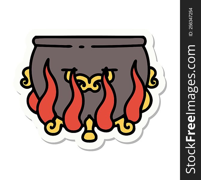 sticker of tattoo in traditional style of a lit cauldron. sticker of tattoo in traditional style of a lit cauldron