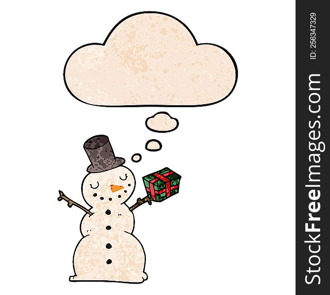 Cartoon Snowman And Thought Bubble In Grunge Texture Pattern Style