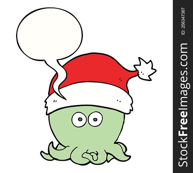 Cartoon Octopus Wearing Christmas Hat And Speech Bubble