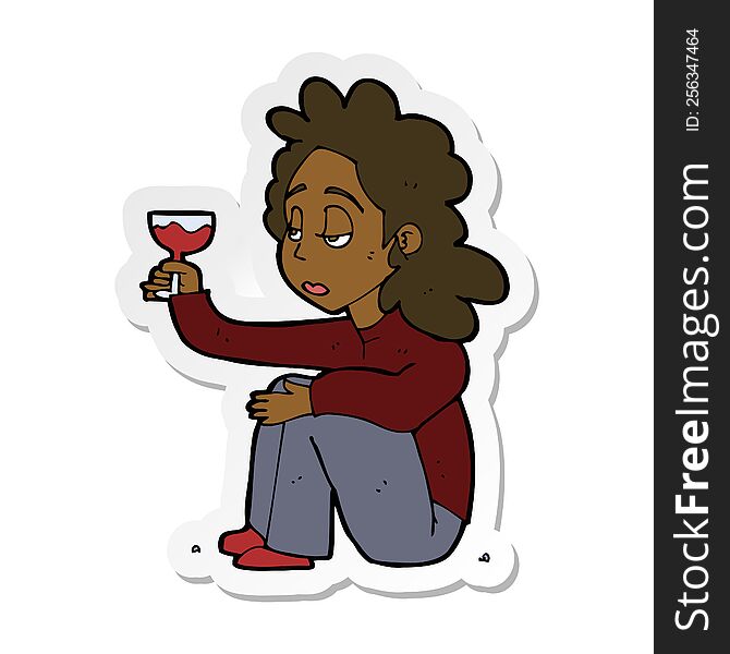 sticker of a cartoon unhappy woman with glass of wine