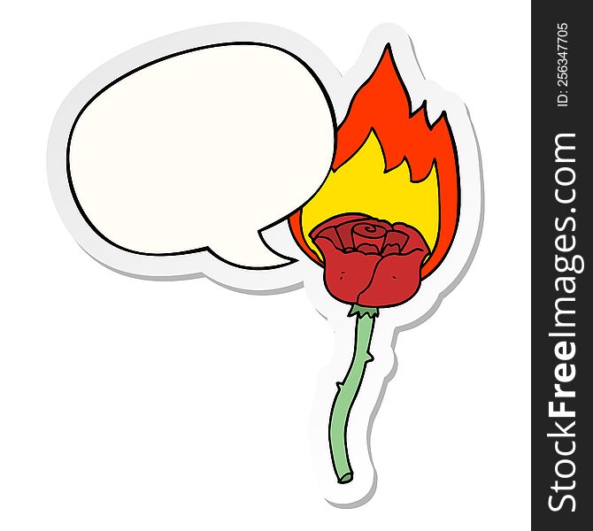 Cartoon Flaming Rose And Speech Bubble Sticker