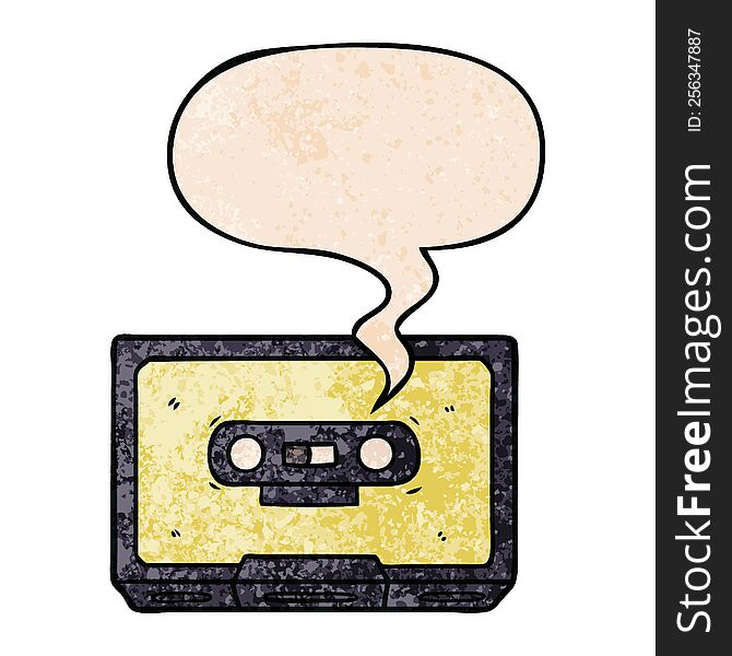 cartoon old cassette tape with speech bubble in retro texture style