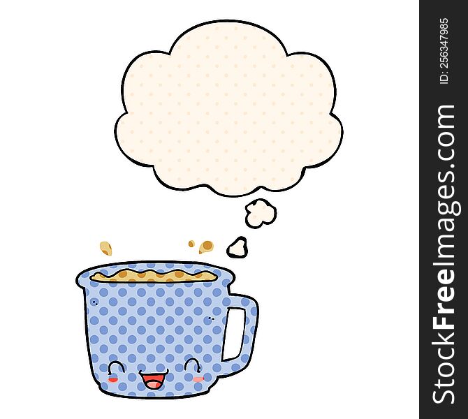 cartoon cup of coffee with thought bubble in comic book style