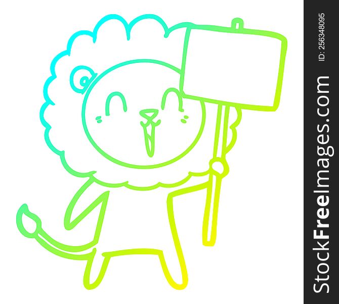 cold gradient line drawing of a laughing lion cartoon with placard