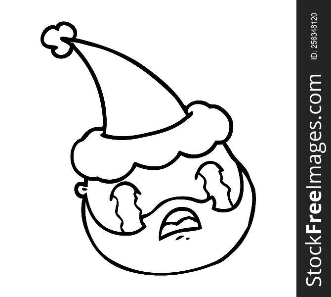 Line Drawing Of A Male Face With Beard Wearing Santa Hat