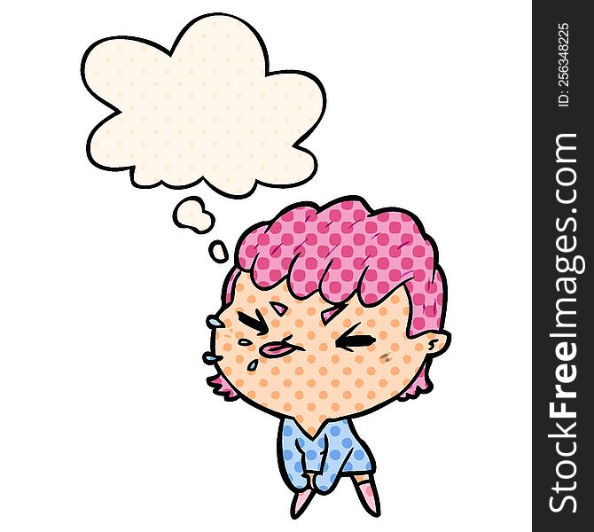 cartoon rude girl with thought bubble in comic book style