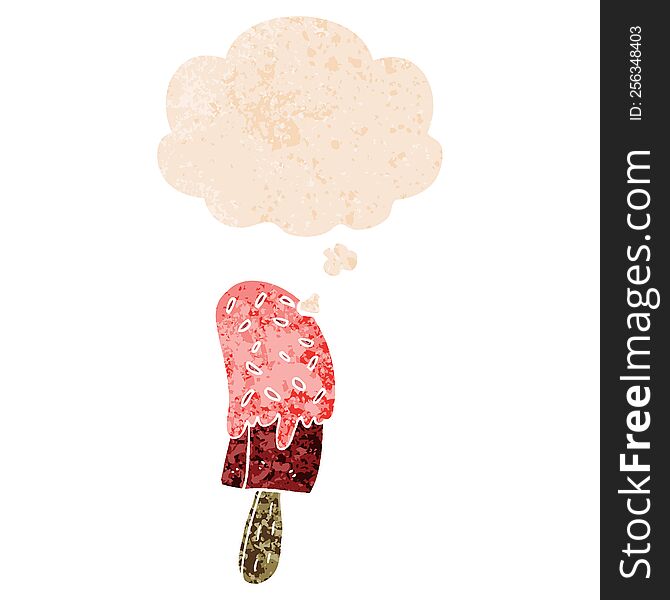 Cartoon Ice Cream Lolly And Thought Bubble In Retro Textured Style