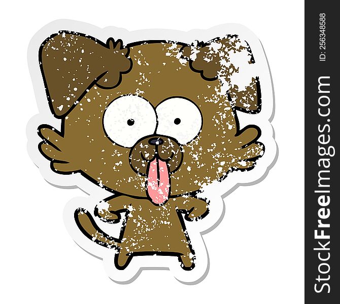 distressed sticker of a cartoon dog with tongue sticking out