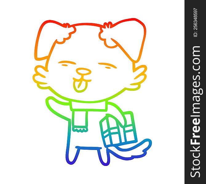 rainbow gradient line drawing of a cartoon dog with xmas gift