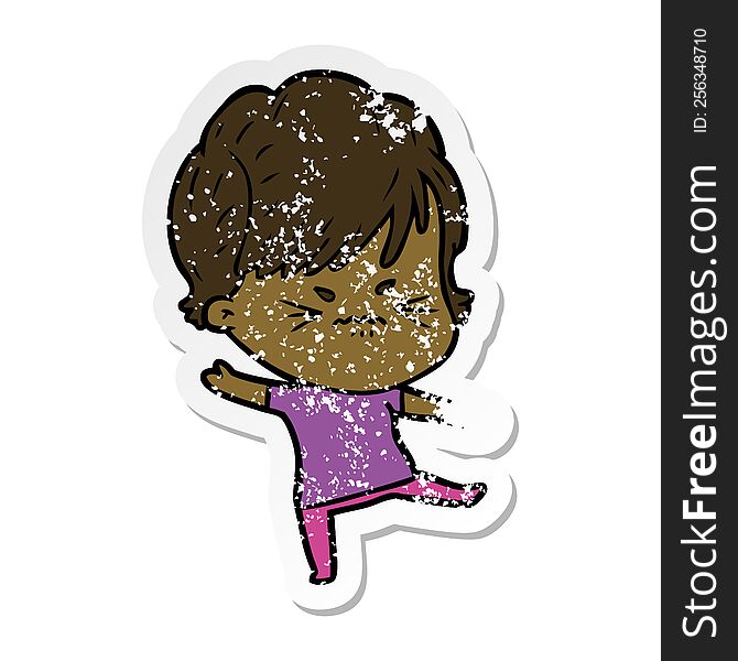 Distressed Sticker Of A Cartoon Frustrated Woman