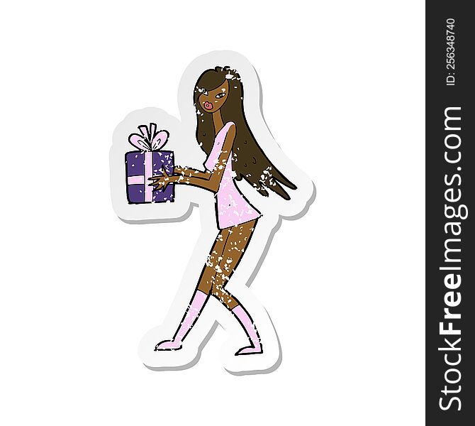 retro distressed sticker of a cartoon fashion girl with present