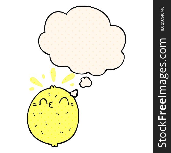 Cute Cartoon Lemon And Thought Bubble In Comic Book Style