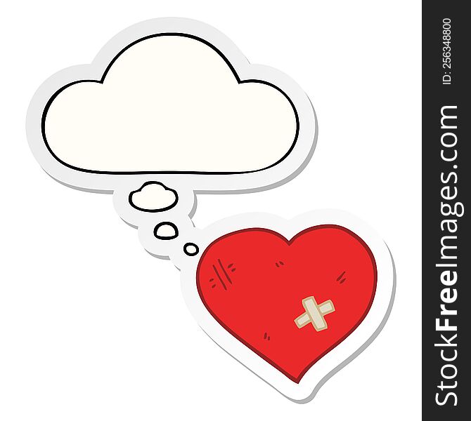 cartoon love heart with sticking plaster with thought bubble as a printed sticker
