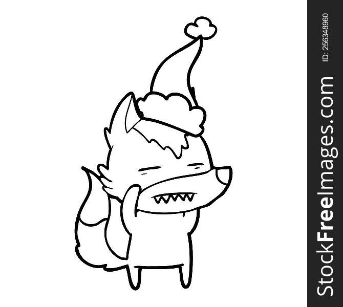Line Drawing Of A Wolf Showing Teeth Wearing Santa Hat