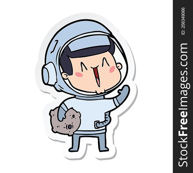 sticker of a happy cartoon astronaut with moon rock