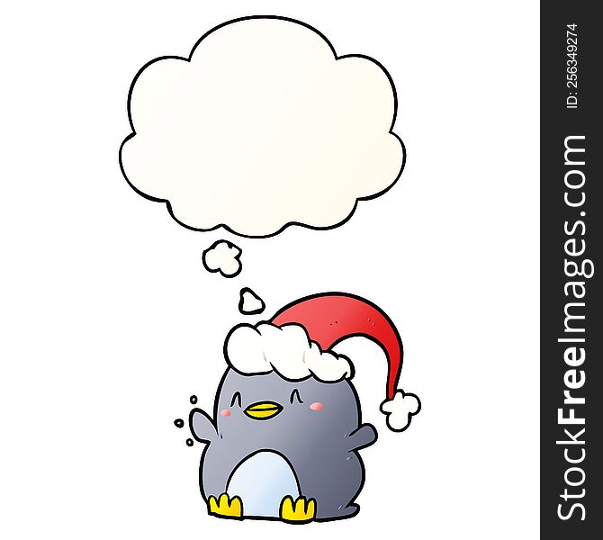 Cartoon Penguin Wearing Christmas Hat And Thought Bubble In Smooth Gradient Style