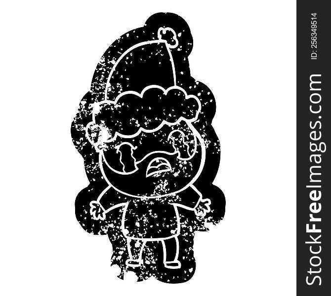 Cartoon Distressed Icon Of A Bearded Man Crying Wearing Santa Hat