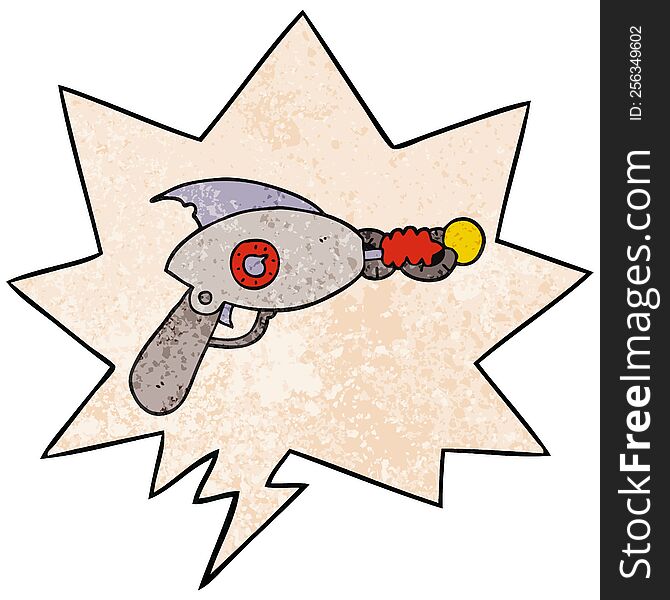cartoon ray gun with speech bubble in retro texture style