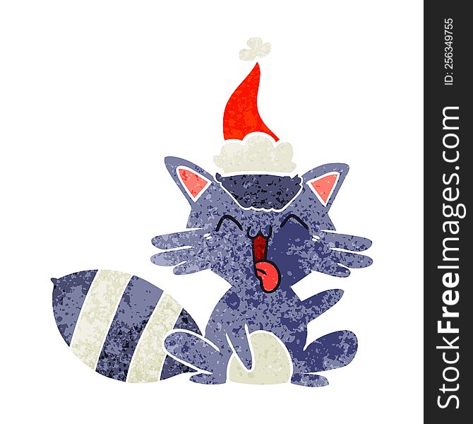 Cute Retro Cartoon Of A Raccoon Wearing Santa Hat
