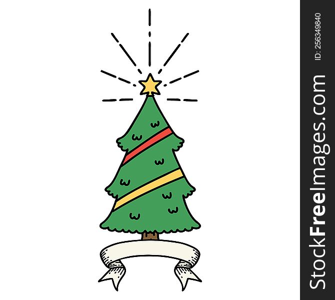 scroll banner with tattoo style christmas tree with star