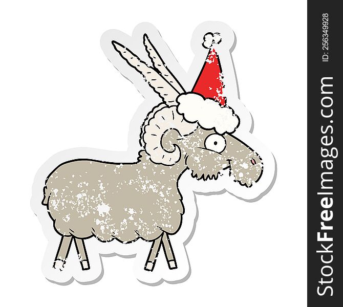 Distressed Sticker Cartoon Of A Goat Wearing Santa Hat