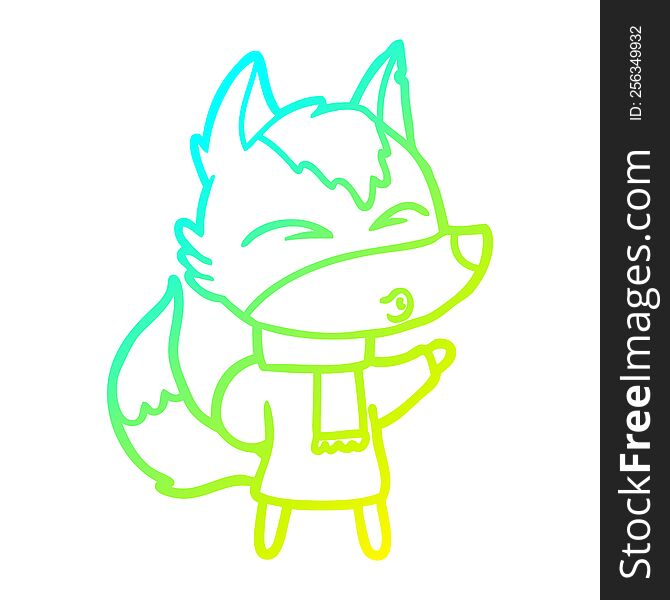 Cold Gradient Line Drawing Cartoon Wolf In Winter Clothes