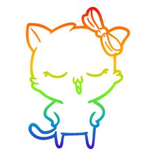 Rainbow Gradient Line Drawing Cartoon Cat With Bow On Head And Hands On Hips Royalty Free Stock Photos