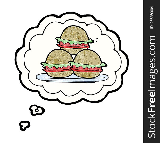 freehand drawn thought bubble textured cartoon plate of burgers