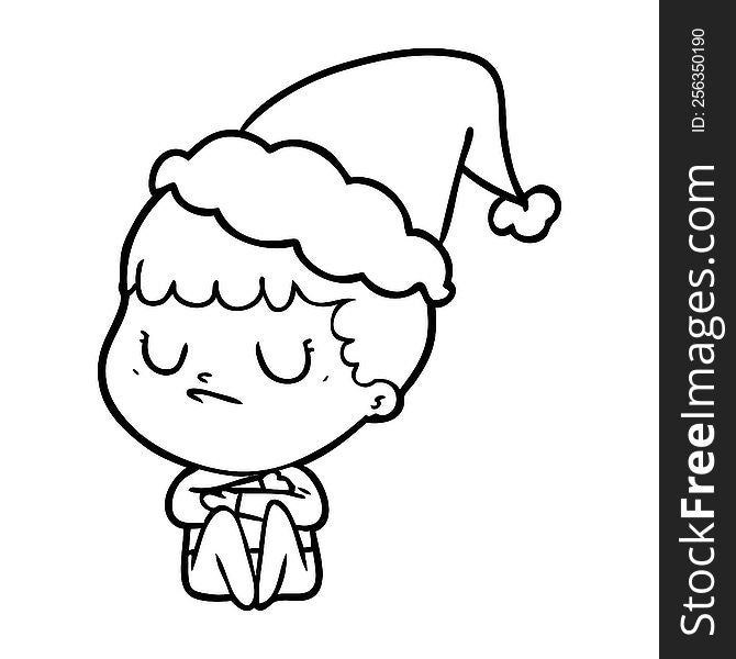 hand drawn line drawing of a grumpy boy wearing santa hat