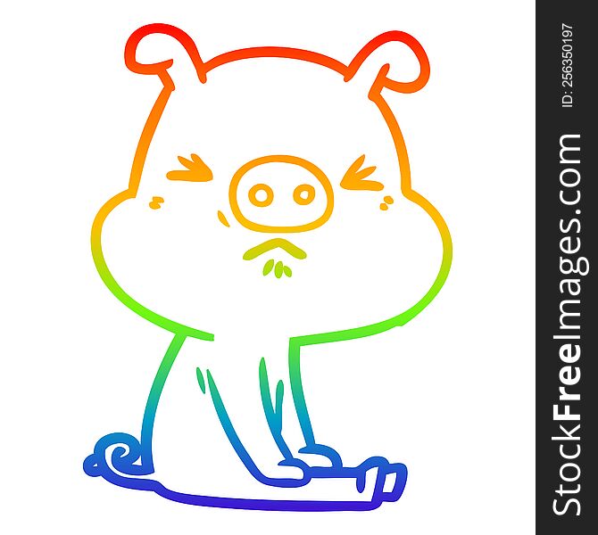 rainbow gradient line drawing of a cartoon angry pig sat waiting
