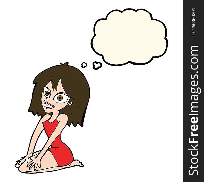 cartoon happy woman in dress with thought bubble