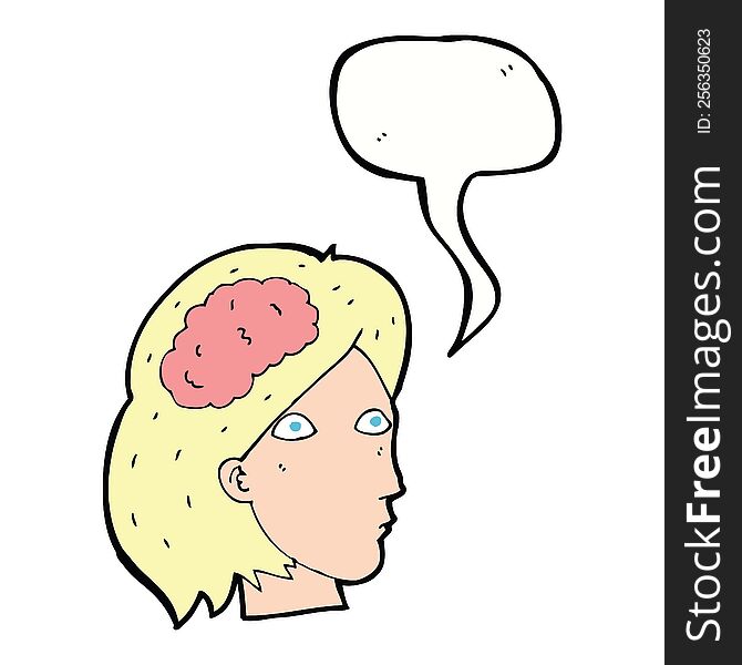 Cartoon Female Head With Brain Symbol With Speech Bubble