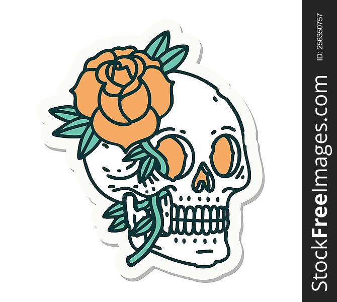 sticker of tattoo in traditional style of a skull and rose. sticker of tattoo in traditional style of a skull and rose