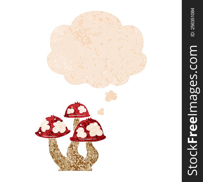 Cartoon Mushrooms And Thought Bubble In Retro Textured Style