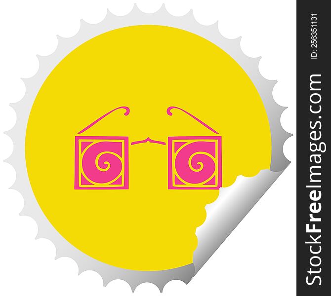 circular peeling sticker cartoon of a hypno glasses