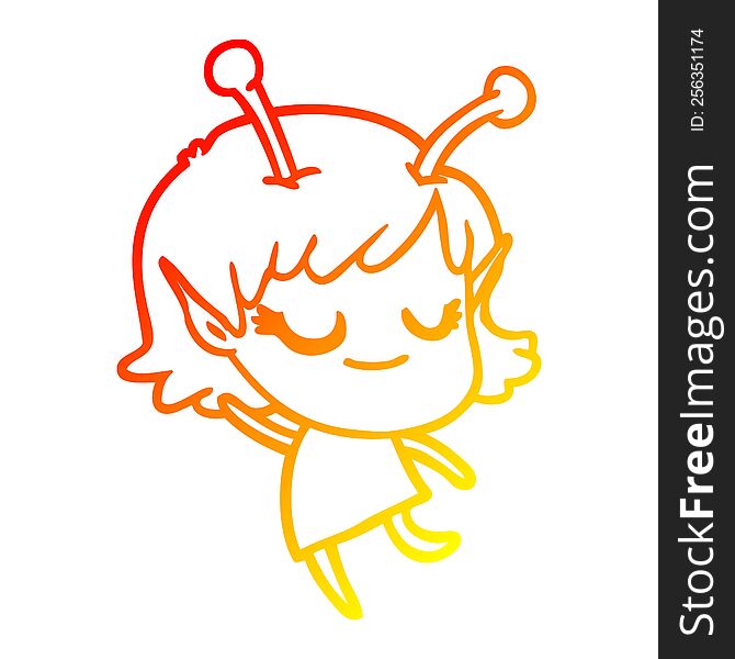 warm gradient line drawing of a smiling alien girl cartoon