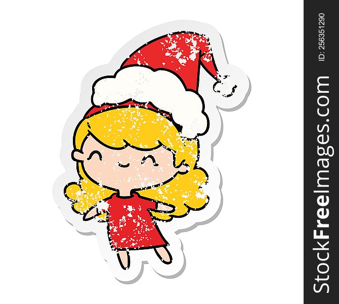 hand drawn christmas distressed sticker cartoon of kawaii girl