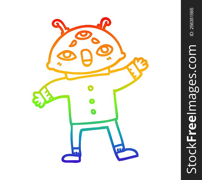 Rainbow Gradient Line Drawing Cartoon Alien Space Man