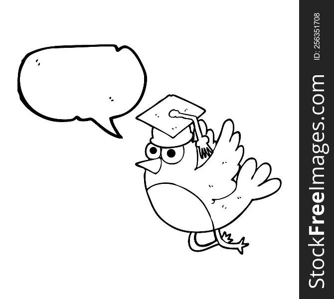 freehand drawn speech bubble cartoon bird wearing graduation cap