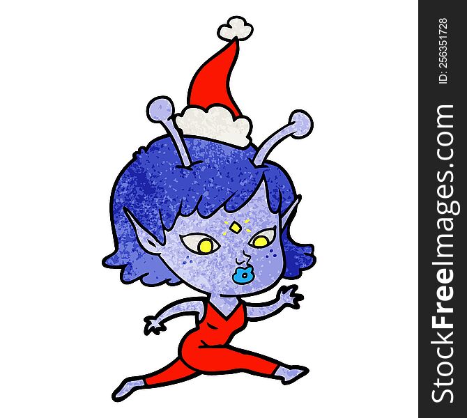 pretty hand drawn textured cartoon of a alien girl running wearing santa hat