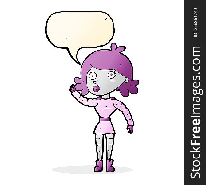 Cartoon Robot Woman Waving With Speech Bubble