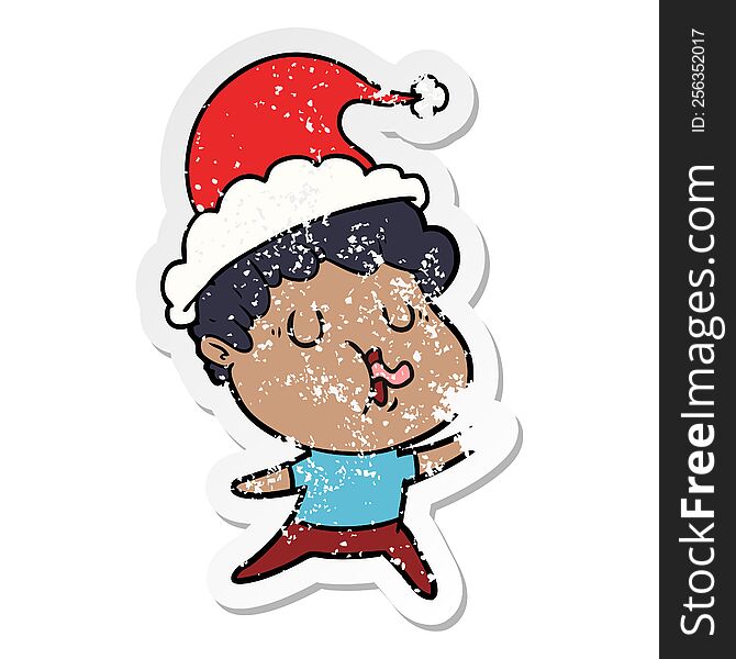 Distressed Sticker Cartoon Of A Man Singing Wearing Santa Hat