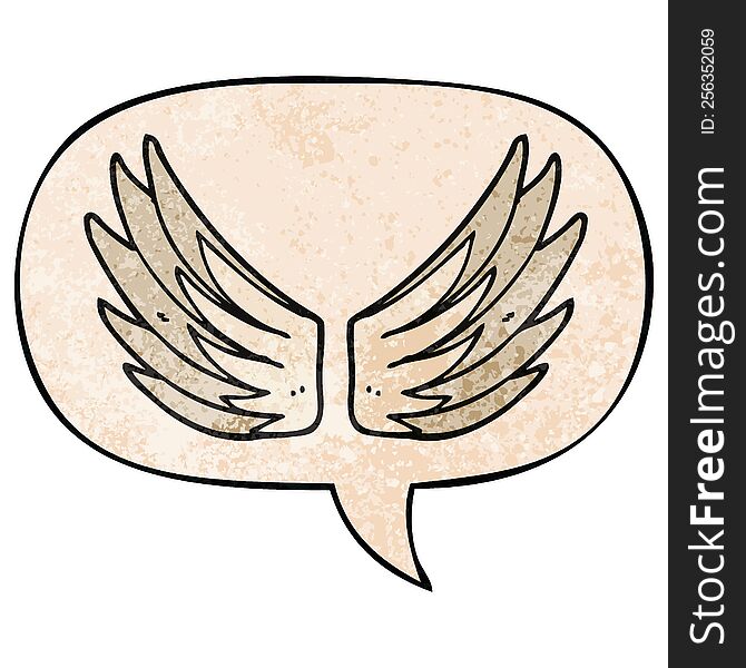 cartoon wings symbol with speech bubble in retro texture style