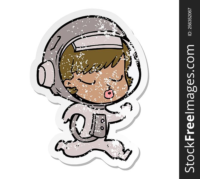 Distressed Sticker Of A Cartoon Pretty Astronaut Girl Running