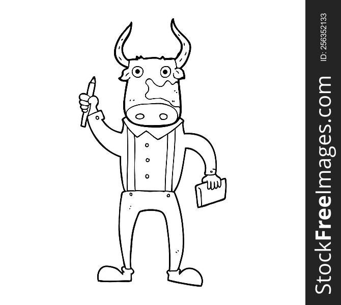 freehand drawn black and white cartoon bull man